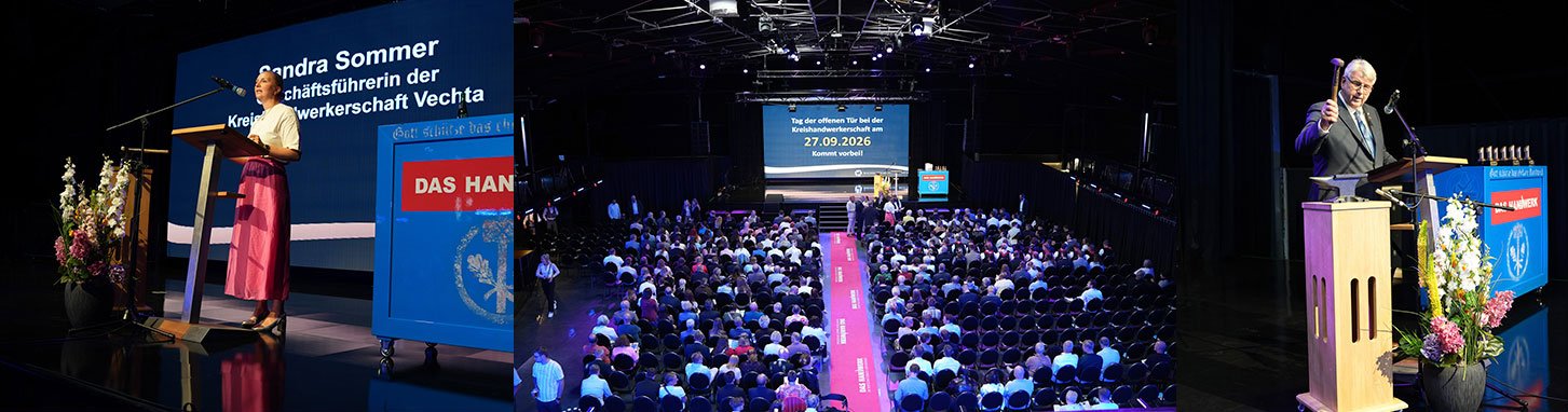 Freisprechungsfeier der Kreishandwerkerschaft Vechta im Sommer 2026: Rednerin am Pult, voll besetzter Saal und Obermeister mit Hammer